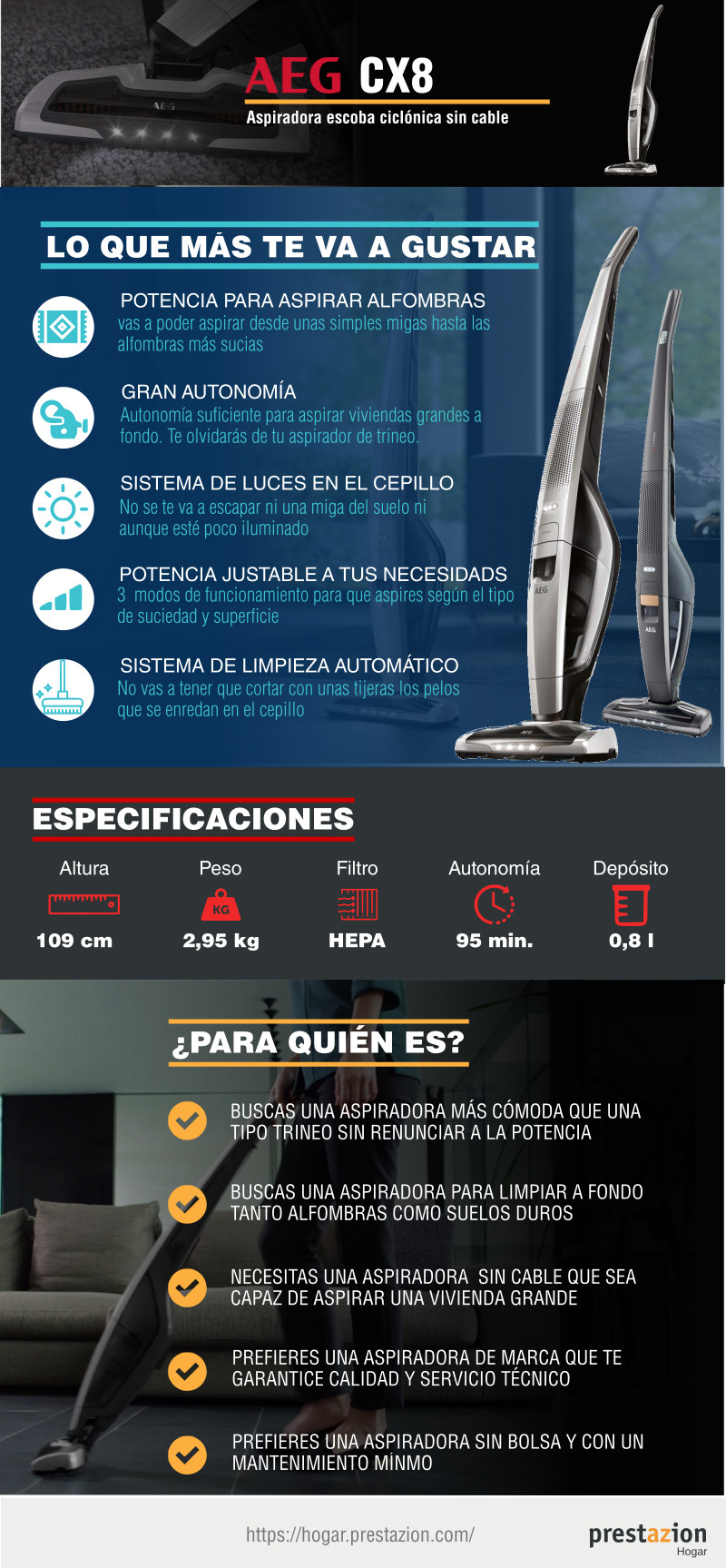 AEG CX8-Power Aspiradora escoba -batería de Litio 28,8 V-32,4 v-caracteristicas